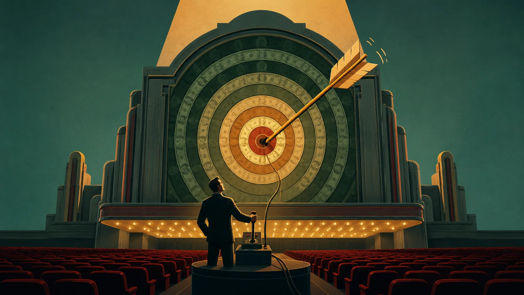 The $83 Million Bullseye Is the Scariest Number in Hollywood — AI-generated illustration · Conceptual scene — no real people depicted