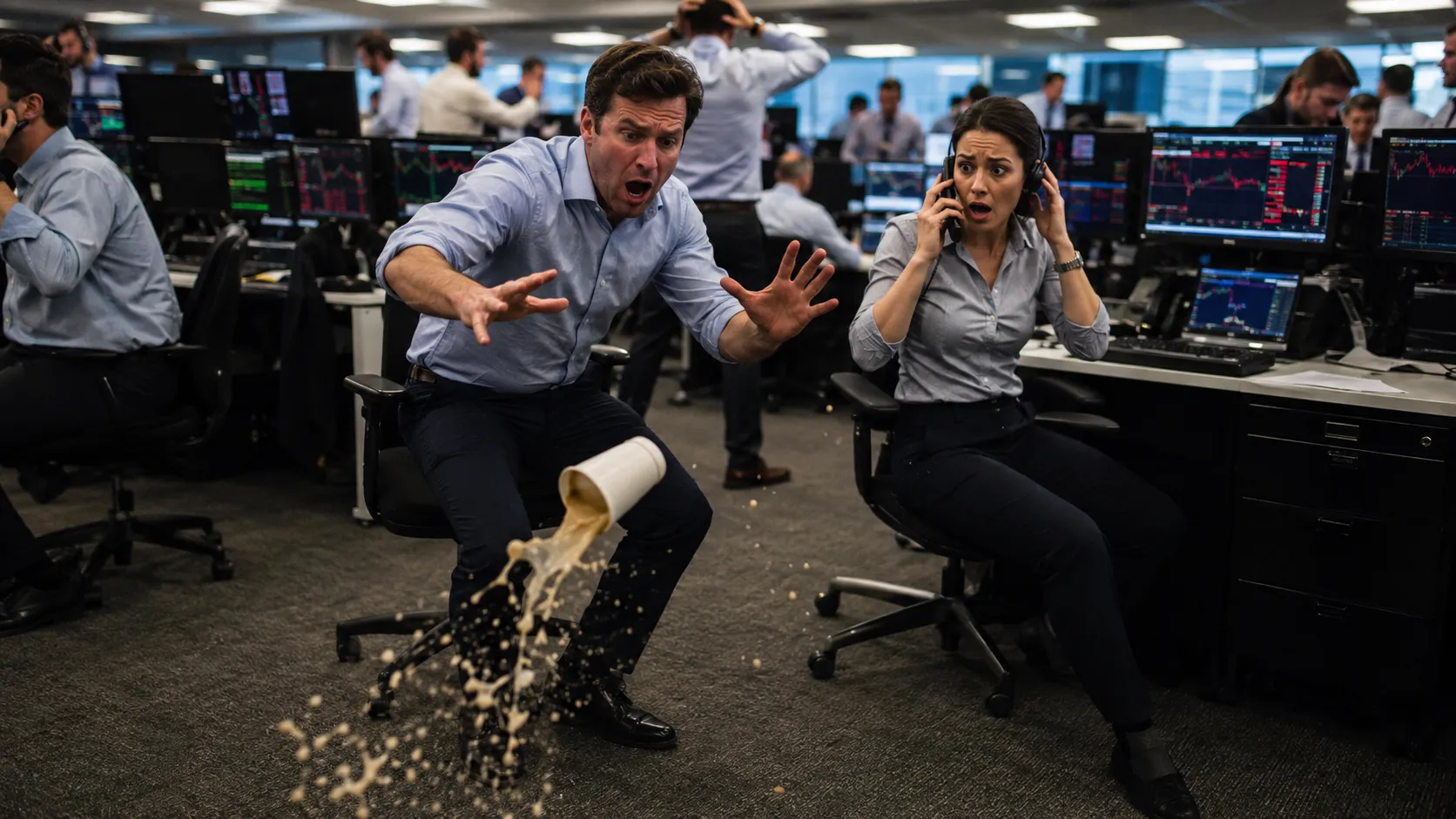Fed Yanks Rates 50 Basis Points, Trading Floor Drops Coffee — AI-generated photograph · Fictional scene — no real people depicted