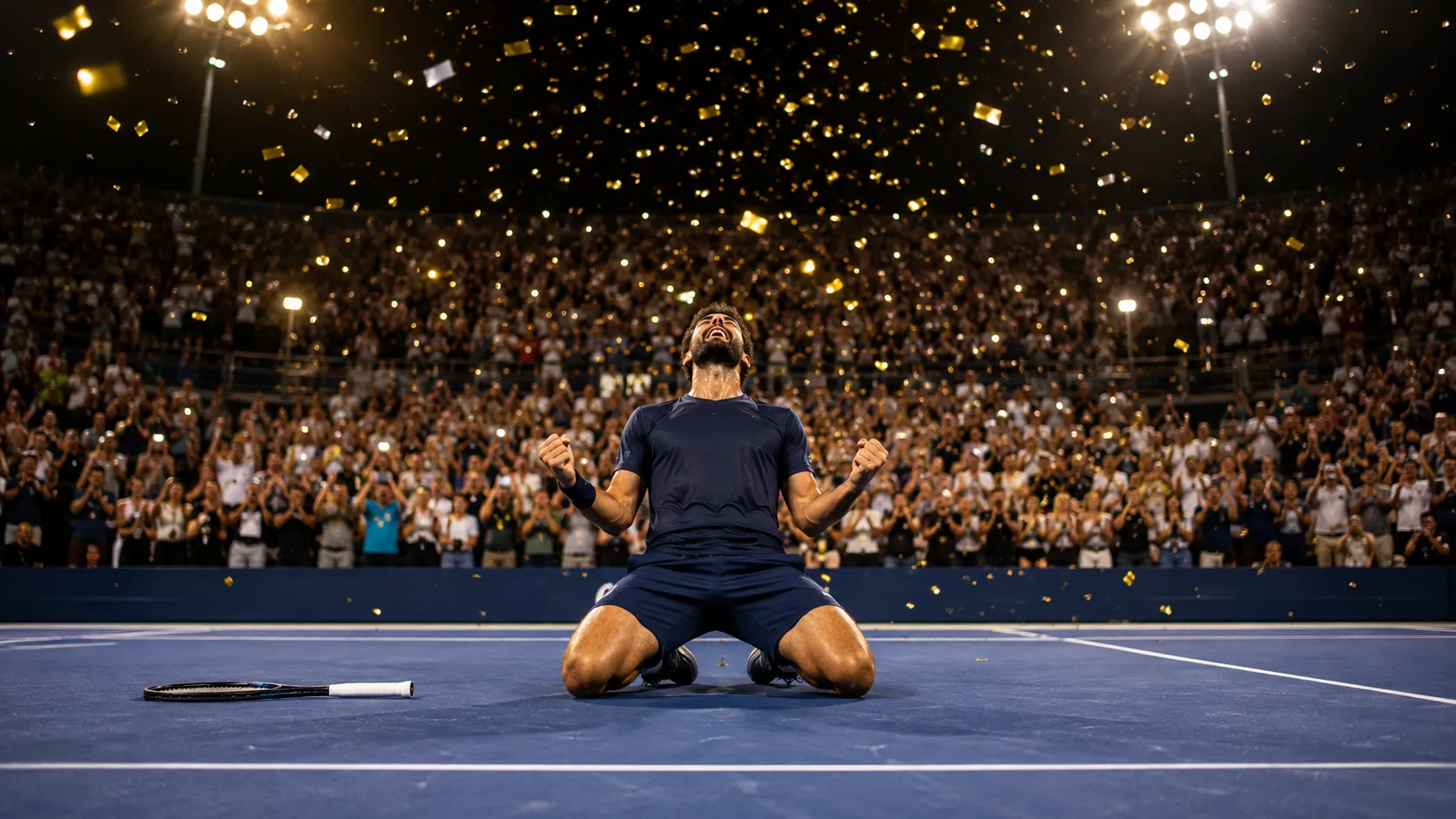Berrettini Wins US Open, Serve Speed Reportedly Bends a Line Judge's Watch — AI-generated photograph · Fictional scene — no real people depicted