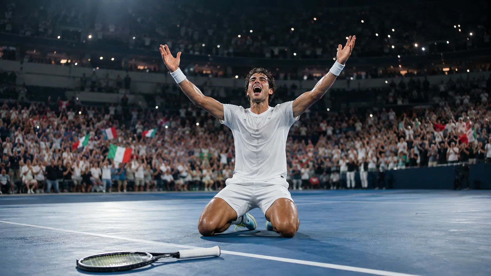 Musetti Wins US Open, and Nobody's Backhand Was Ready — AI-generated photograph · Fictional scene — no real people depicted